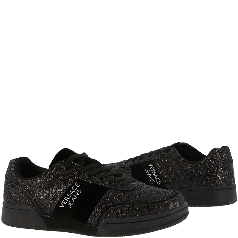 

Versace Jeans Black Glitter and Faux Leather Lace Up Sneakers Size