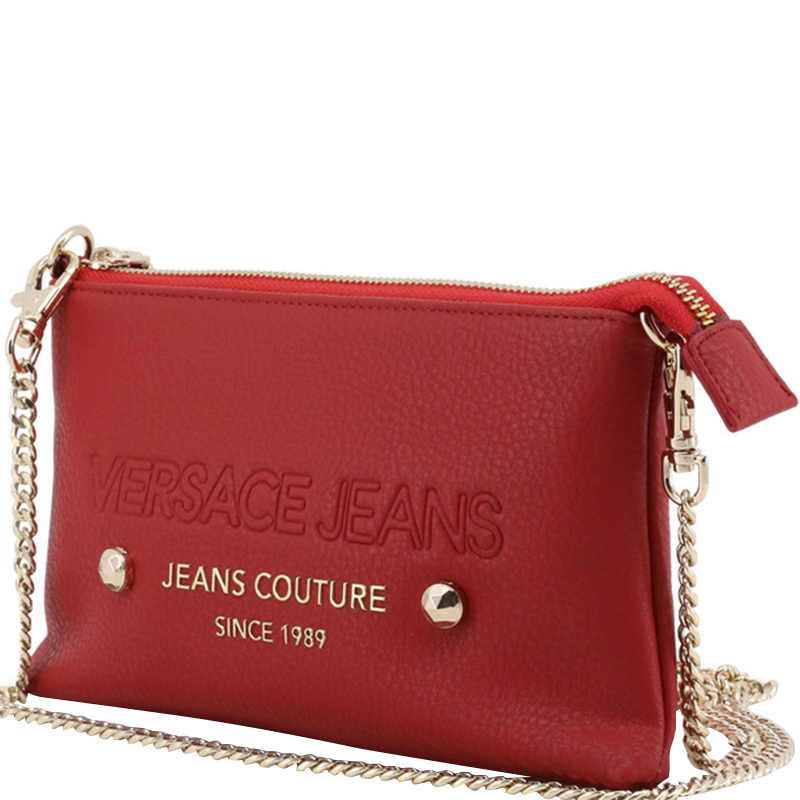 

Versace Jeans Red Faux Pebbled Leather Chain Pochette Accessories