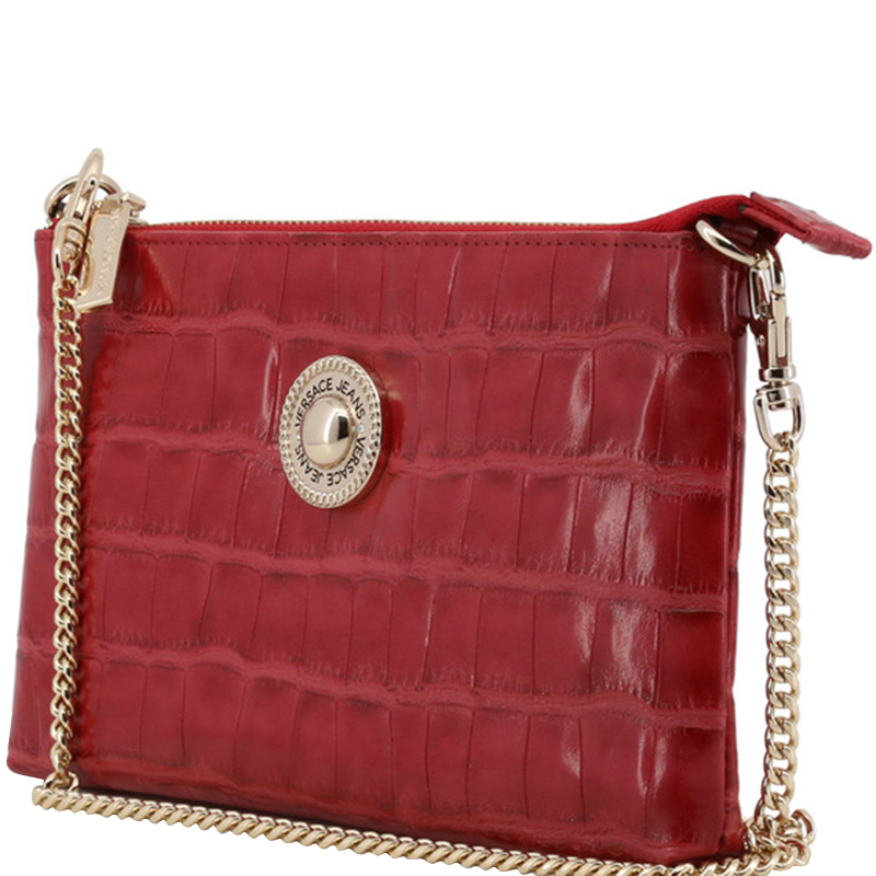 

Versace Jeans Red Faux Croc Embossed Leather Chain Pochette Accessories