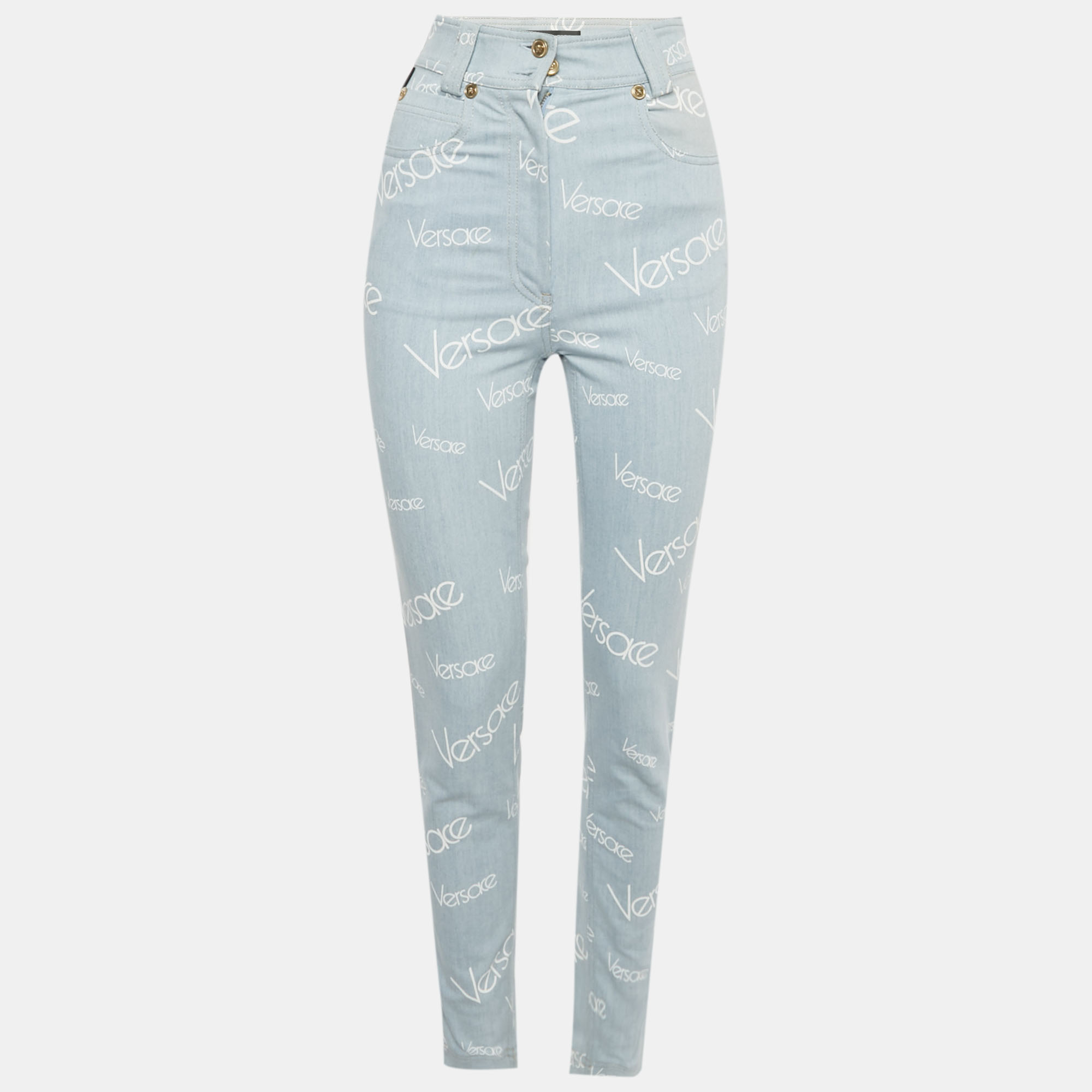 

Versace Jeans Blue Logo Print Denim Skinny Jeans S Waist 24"