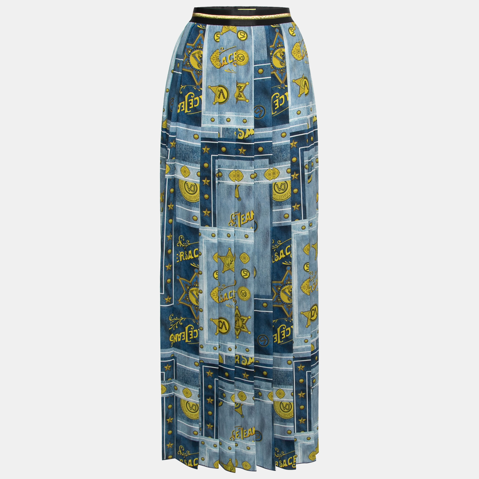 Pre-owned Versace Jeans Blue All-over Print Crepe Pleated Maxi Skirt M