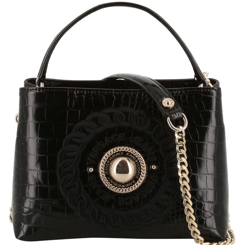 Versace Jeans Black Embossed Synthetic Leather Top Handle Bag