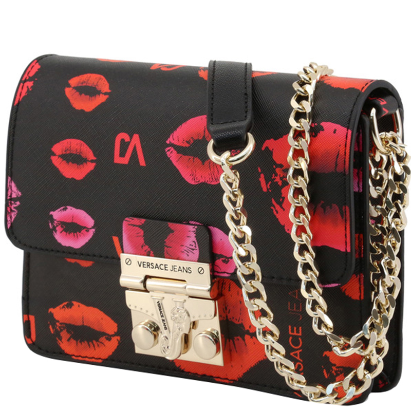 

Versace Jeans Black Synthetic Leather Lips Print Chain Crossbody Bag