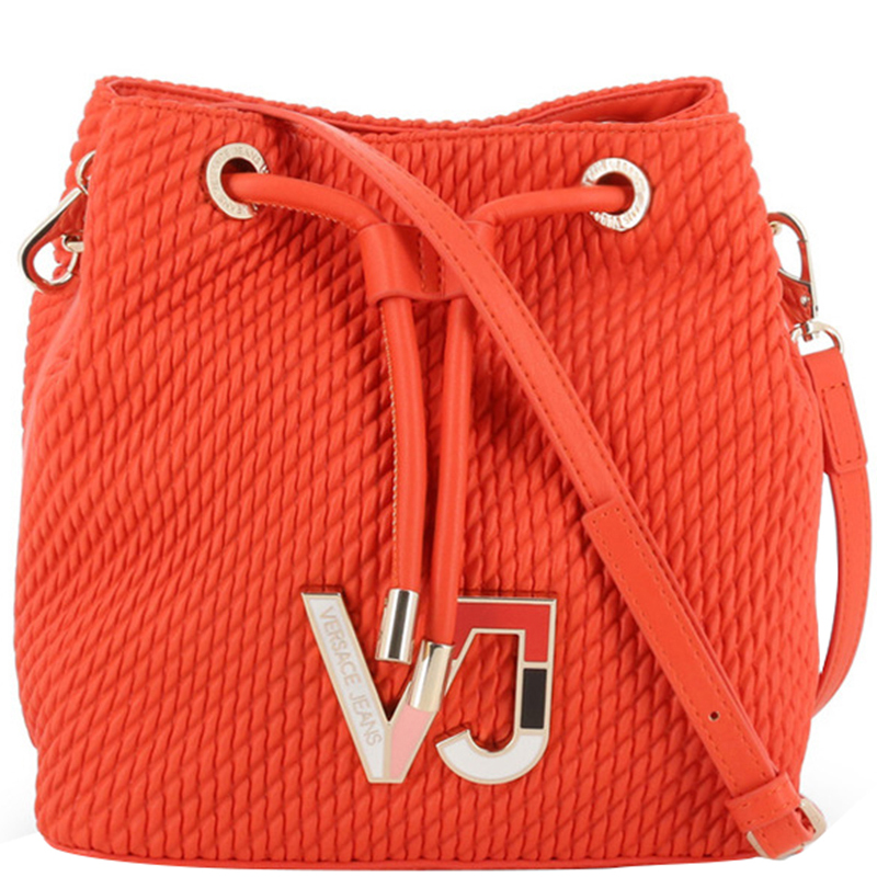 Versace Jeans Orange Signature Synthetic Leather Drawstring Shoulder Bag