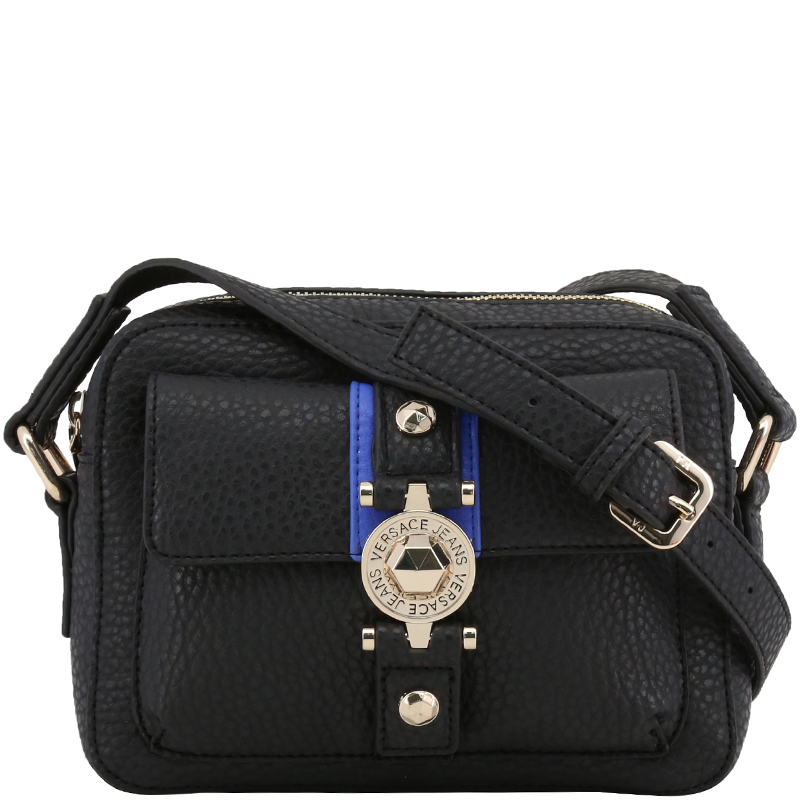Versace Jeans Black Pebbled Faux Leather Crossbody Bag