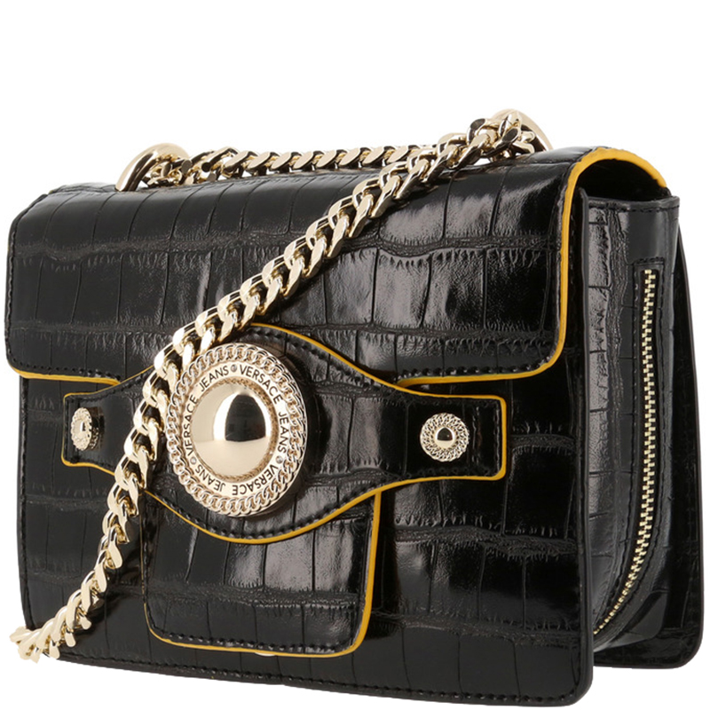 

Versace Jeans Black Croc Embosed Faux Leather Chain Crossbody Bag