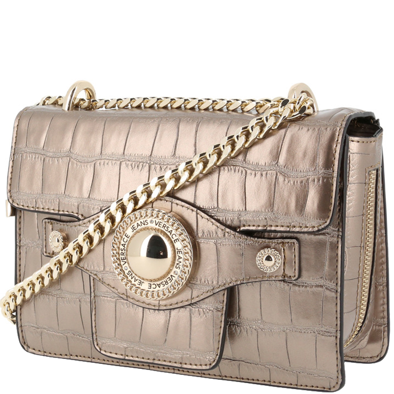 

Versace Jeans Metallic Brown Croc Embosed Faux Leather Chain Crossbody Bag