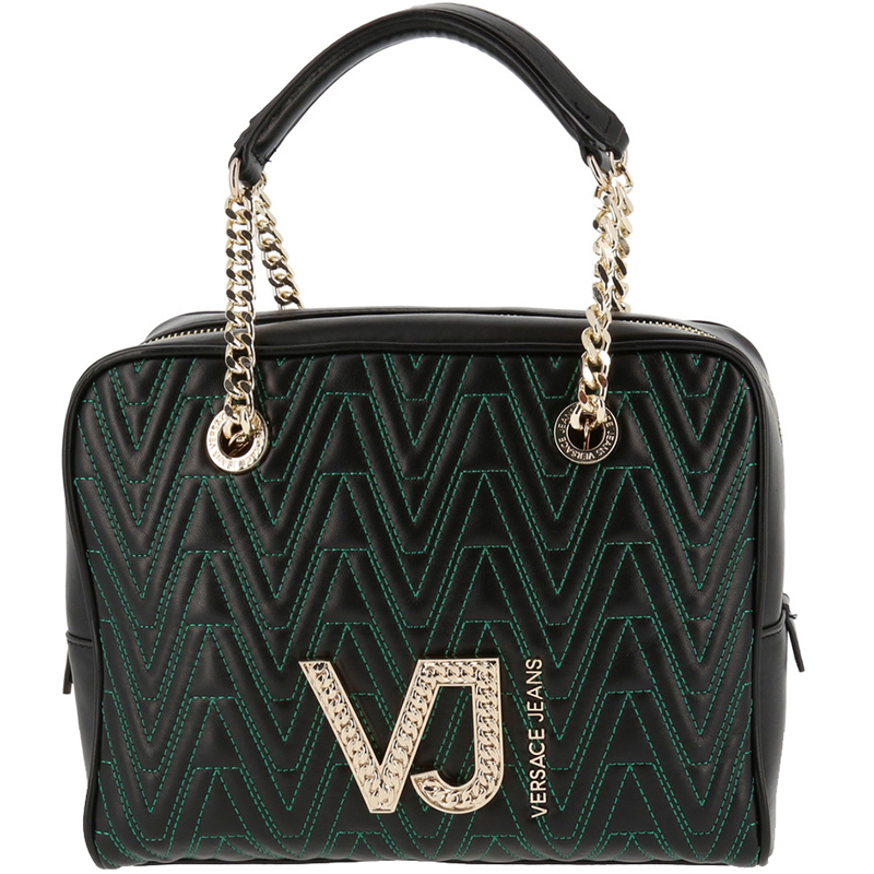 Preowned Versace Jeans Black Signature Faux Leather Satchel Bag ModeSens