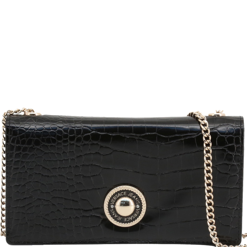 Versace Jeans Black Embossed Faux Leather WOC Clutch Bag
