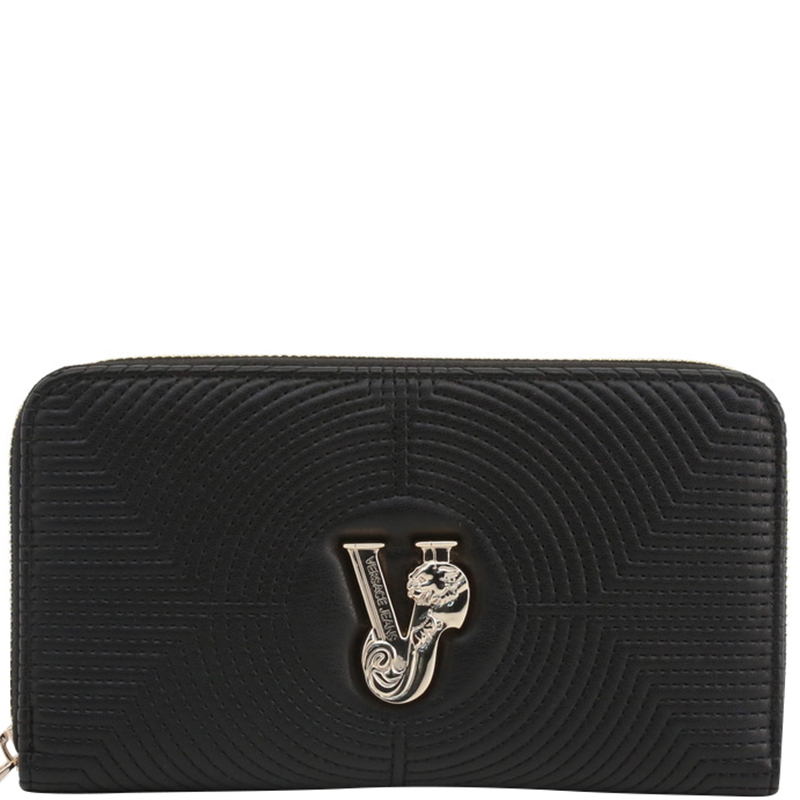Versace Jeans Black Quilted Faux Leather Zip Around Wallet