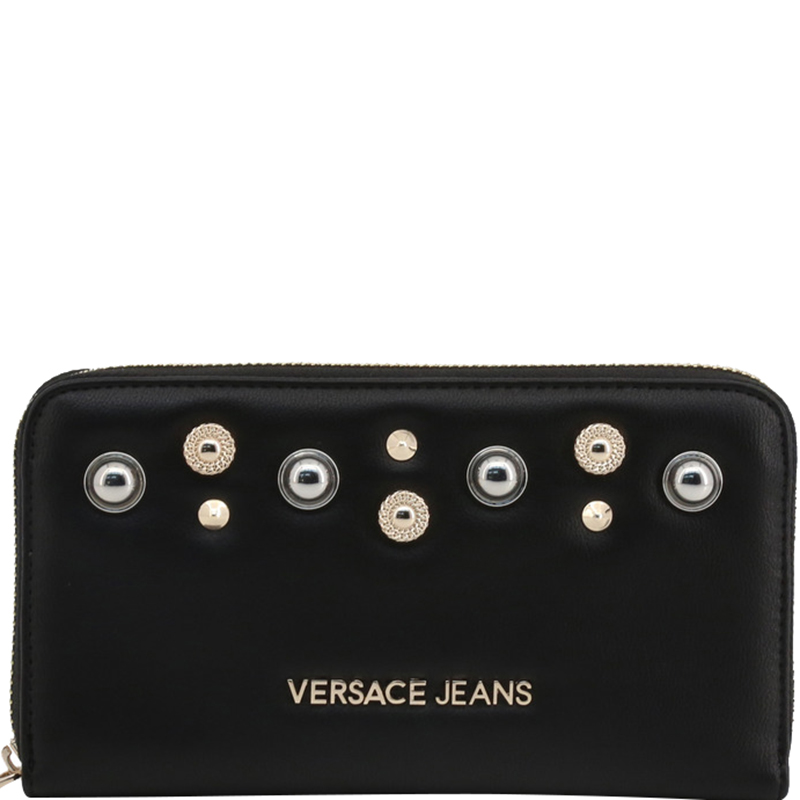 Pre Owned Versace Jeans Black Faux Leather Zip Around Wallet