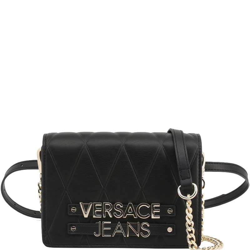 Pre Owned Versace Jeans Black Quilted Faux Leather Crossbody Bag
