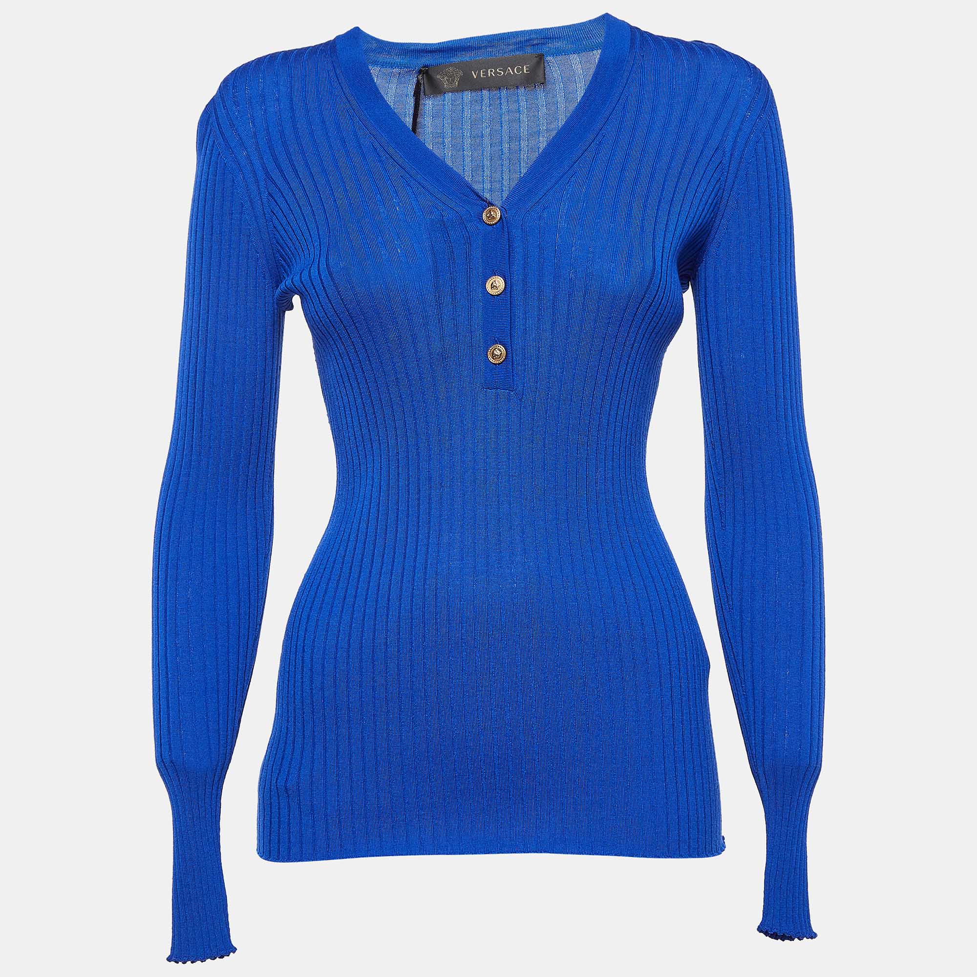 

Versace Blue Rib Knit Wool Full Sleeves Button Detail Sweater M