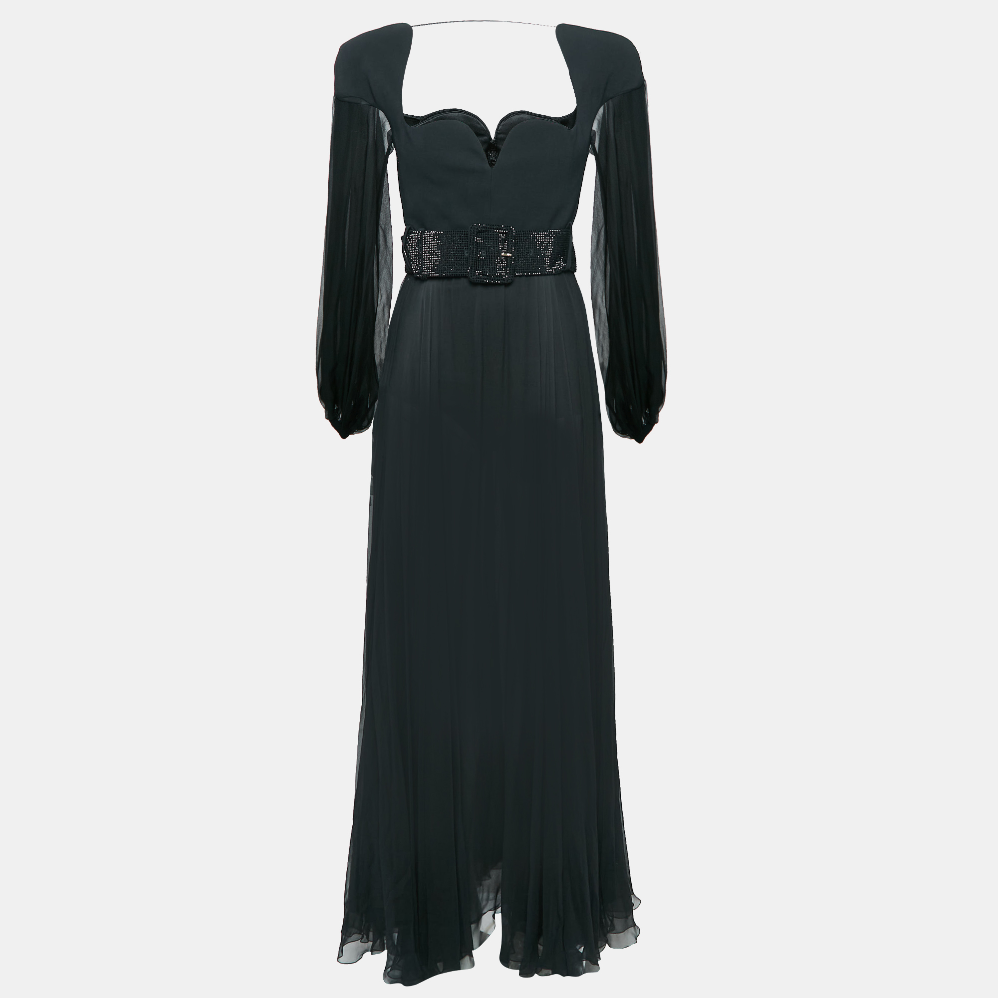 

Versace Black Crepe and Silk Rhinestone Belted Maxi Dress S