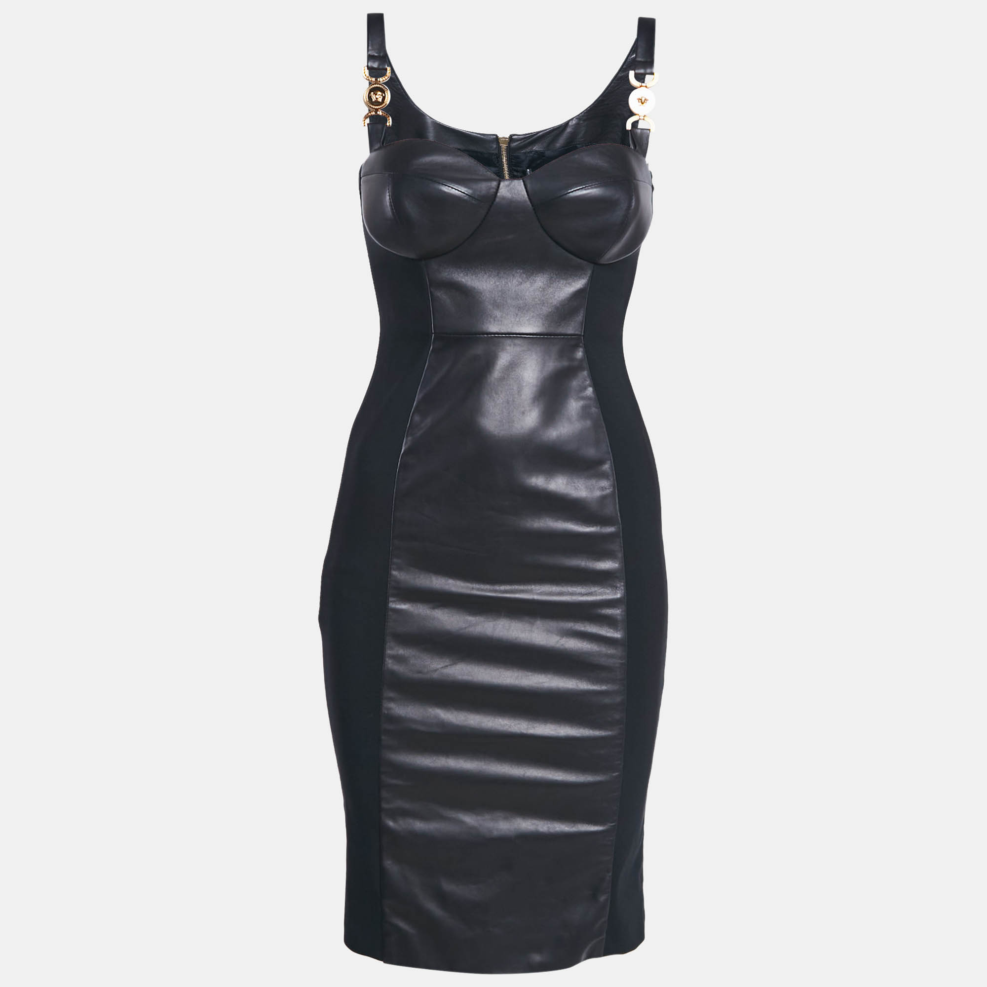 

Versace Black Leather and Jersey Zip-Up Bodycon Mini Dress XS