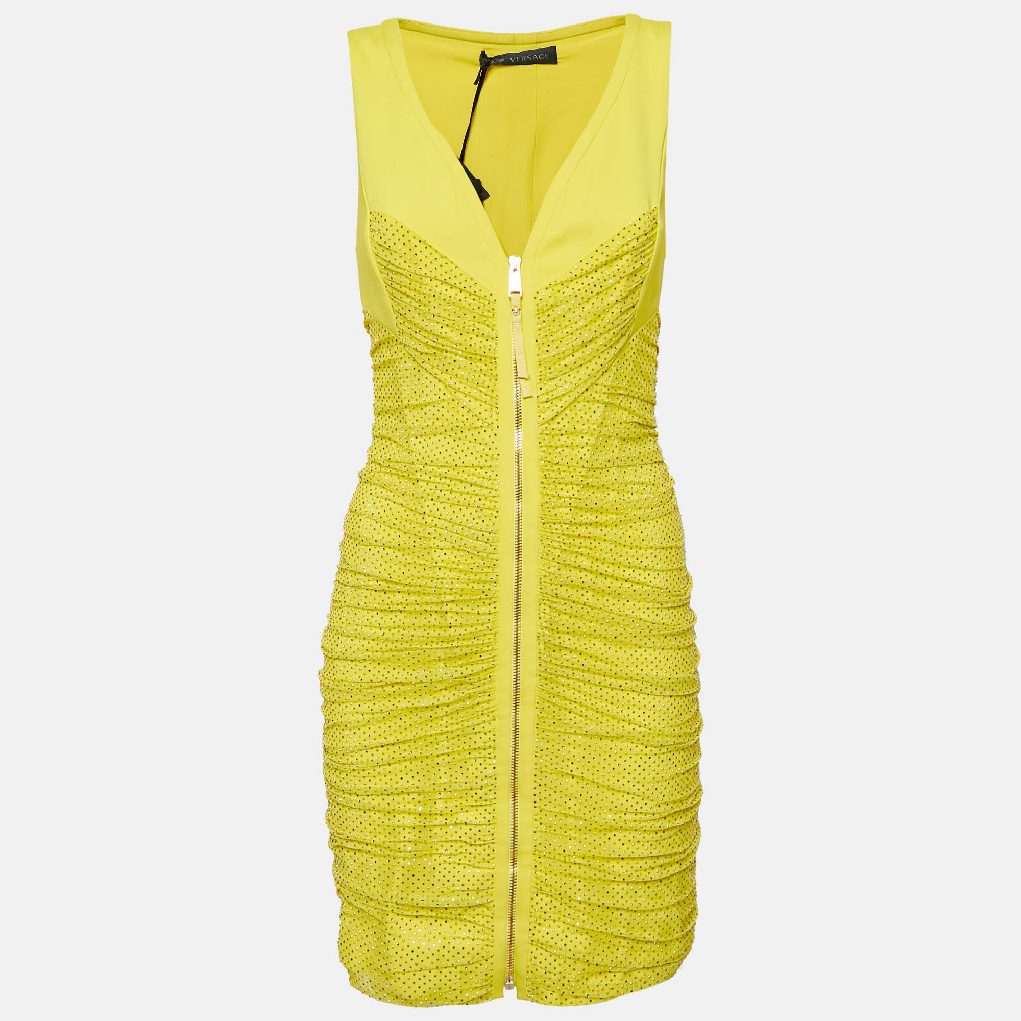 

Versace Yellow Embellished Tulle and Jersey Ruche Mini Dress M