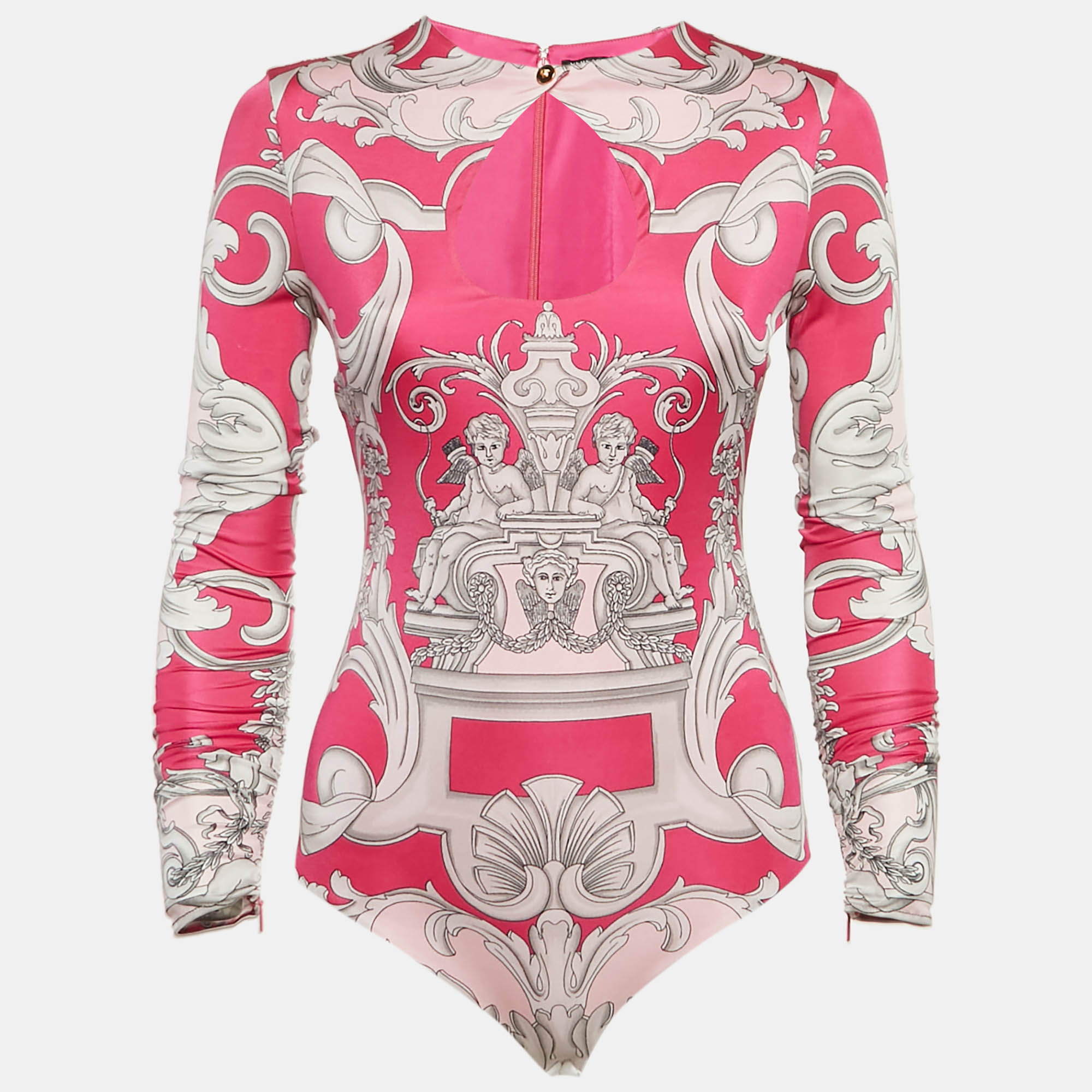 

Versace Pink Baroque Print Jersey Keyhole Neck Bodysuit S