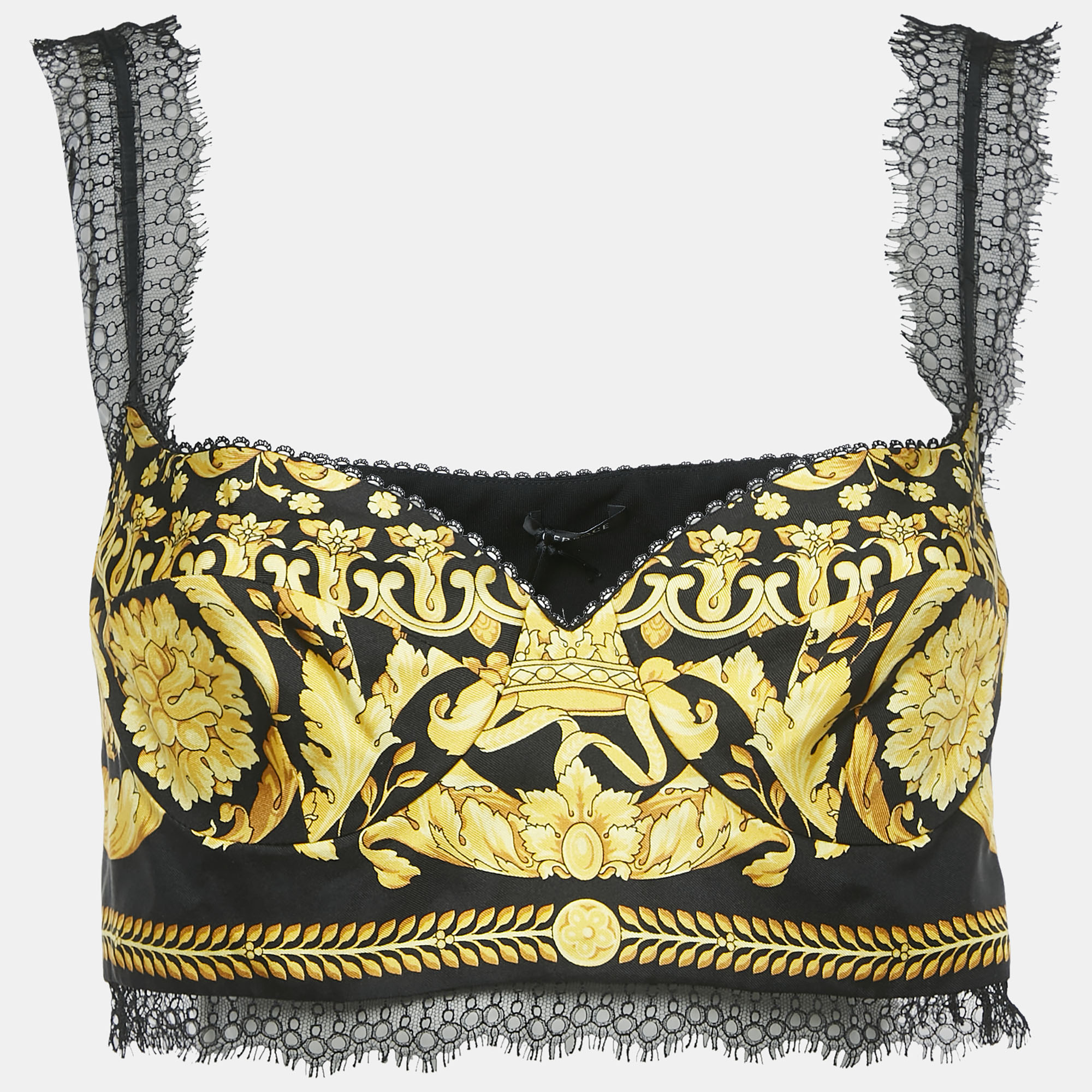 

Versace Black/Yellow Baroque Print Silk and Lace Bralette Top M