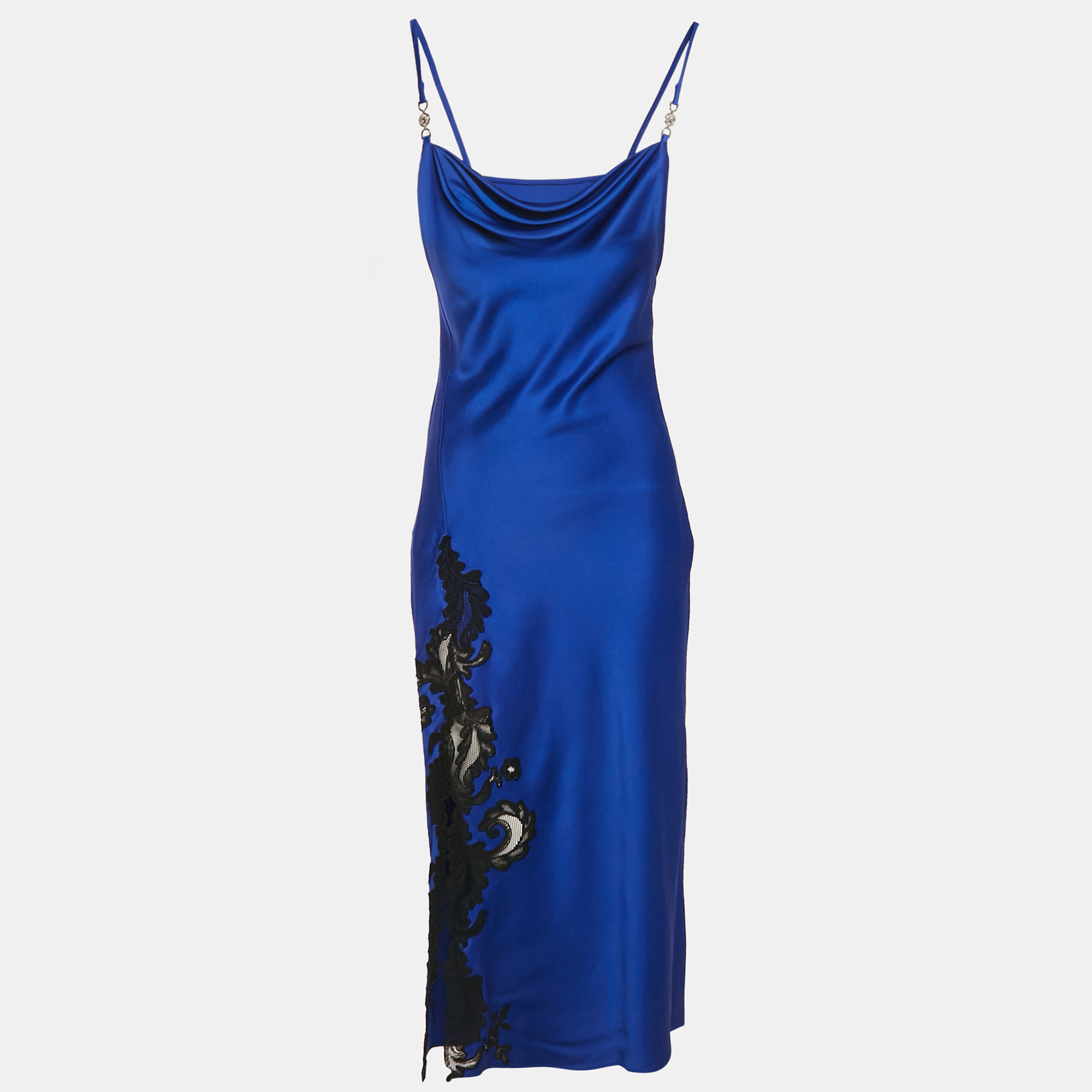 

Versace Blue Barocco Lace Satin Silk Cowl Neck Slip Dress S