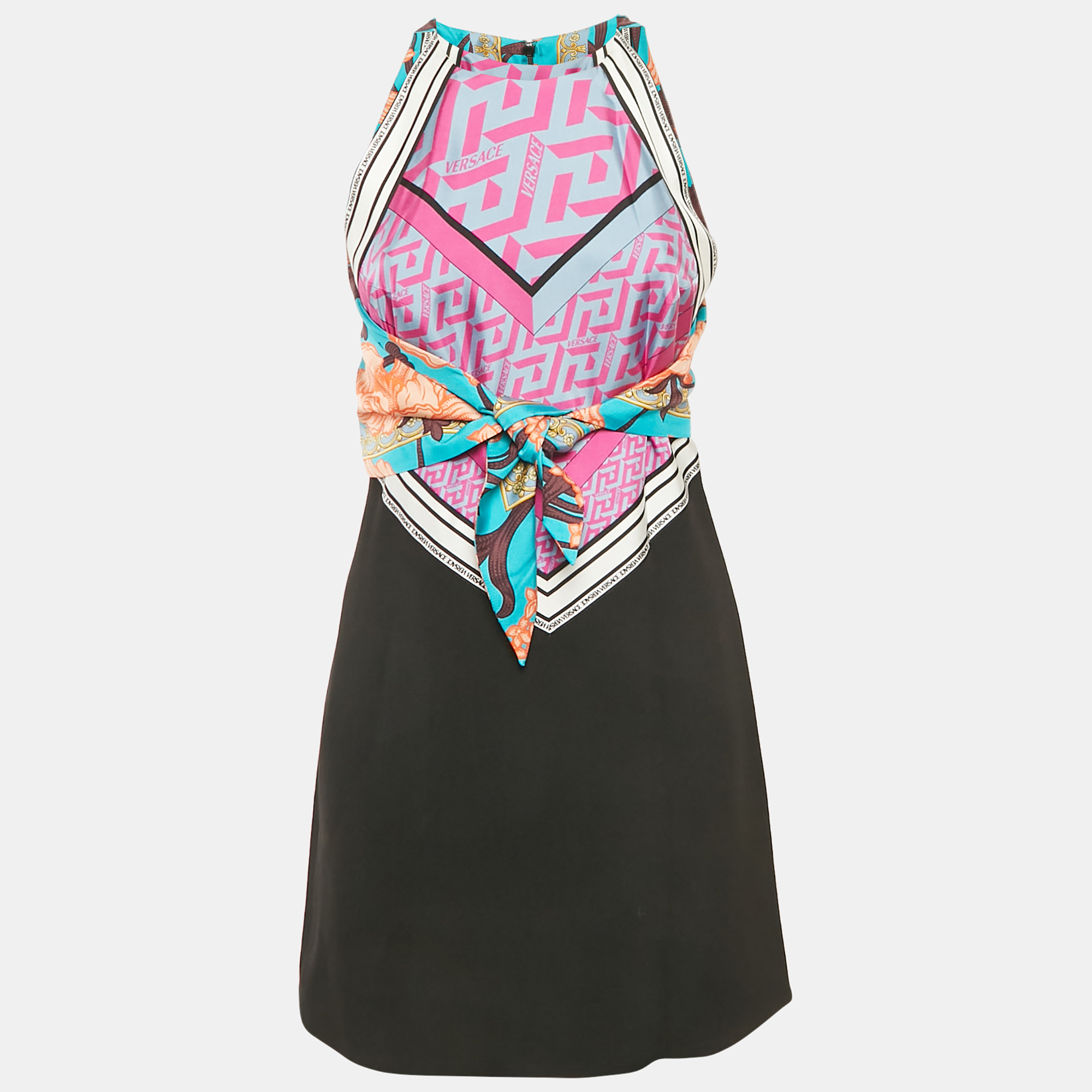 Versace Pink/Black Silk and Crepe Mixed Media Halter Neck Mini Dress S