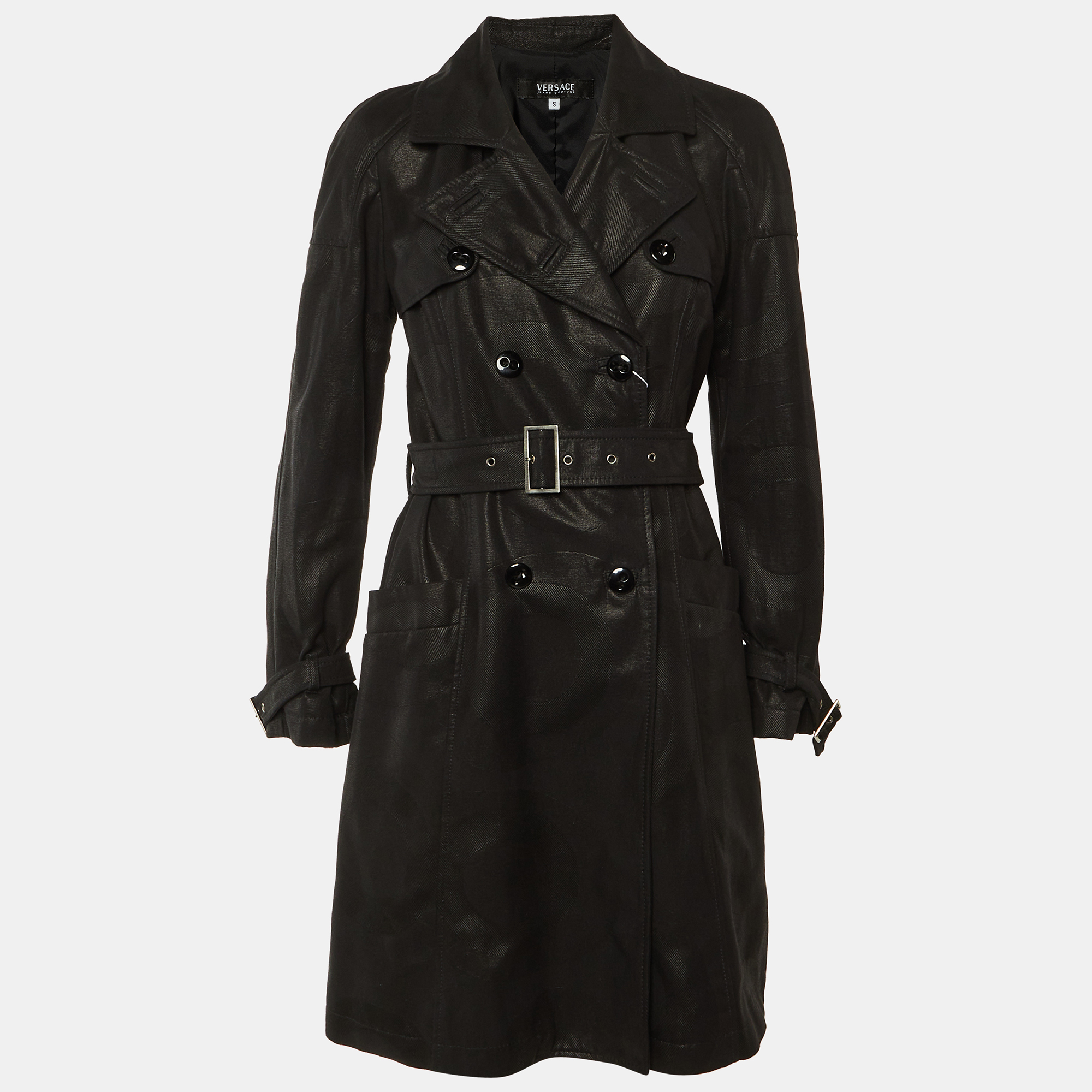 

Versace Black Patterned Cotton Trench Coat S