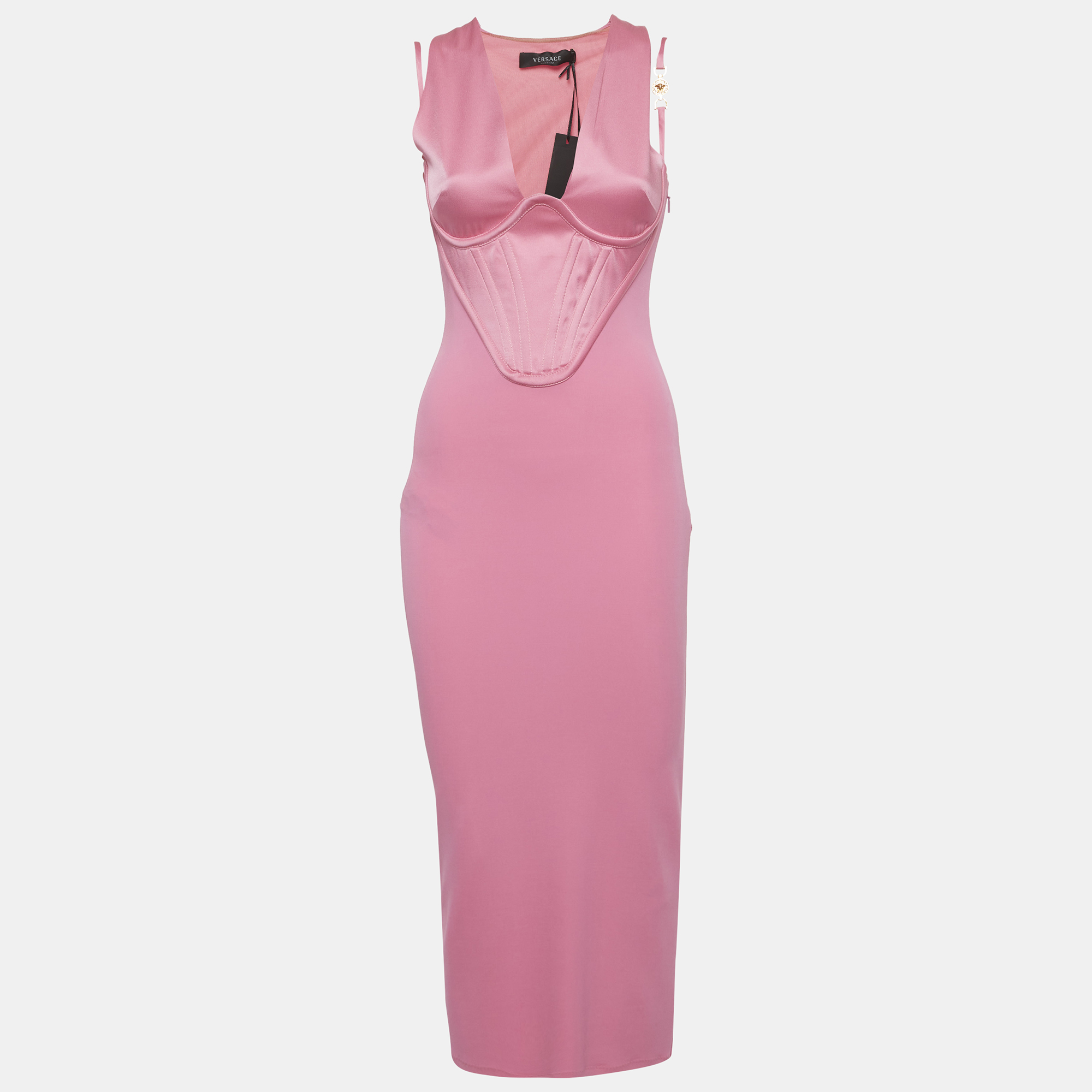 

Versace Pink Jersey Medusa Strap Corset Midi Dress XS