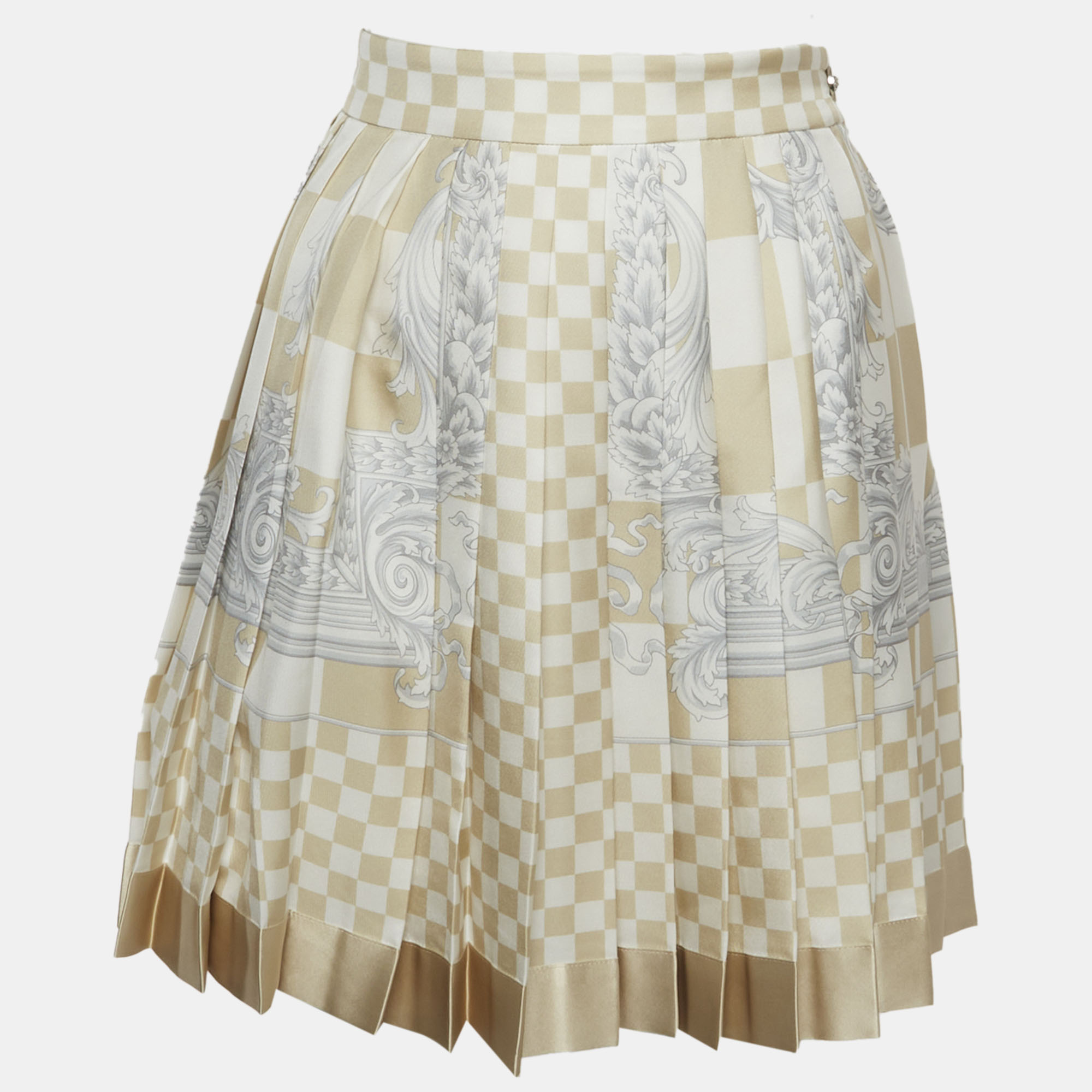 

Versace Beige Barocco Checkerboard Silk Mini Skirt M