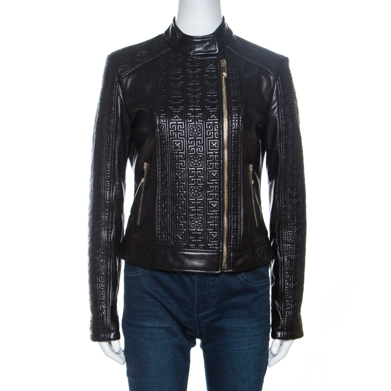 Pre-owned Versace Black Embossed Detail Leather Jacket M