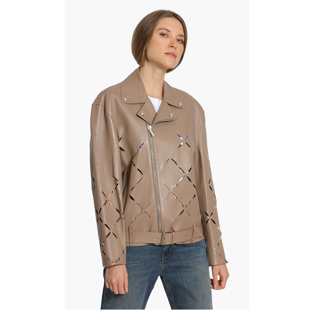 

Versace Beige Leather Cut-Out Biker Jacket  (IT 48