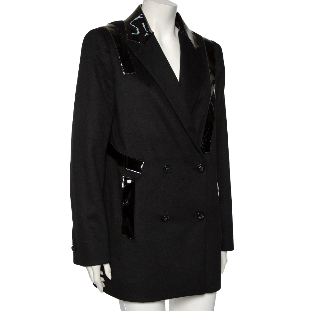 

Versace Black Wool & Leather Trimmed Double Breasted Coat