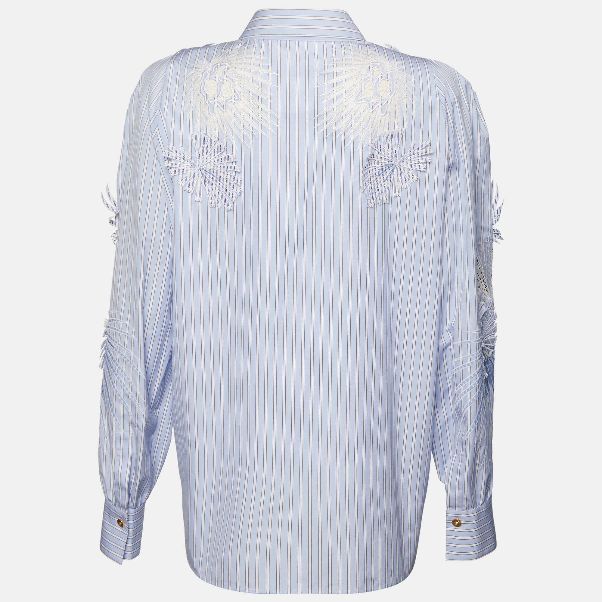 

Versace Blue Striped Cotton Floral Applique Button Front Shirt