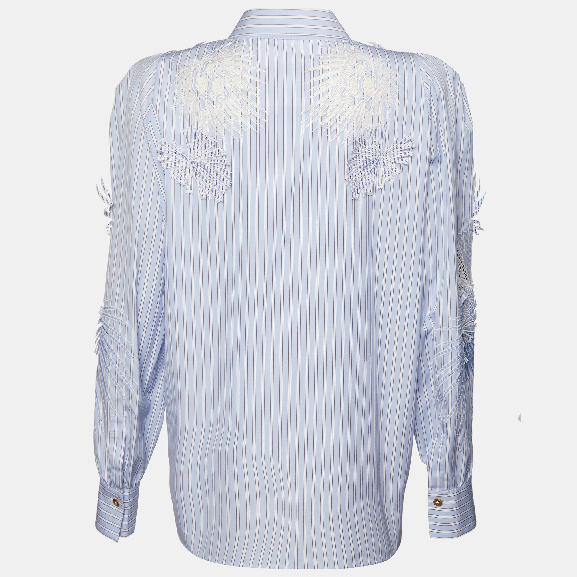 

Versace Blue Striped Cotton Floral Applique Button Front Shirt