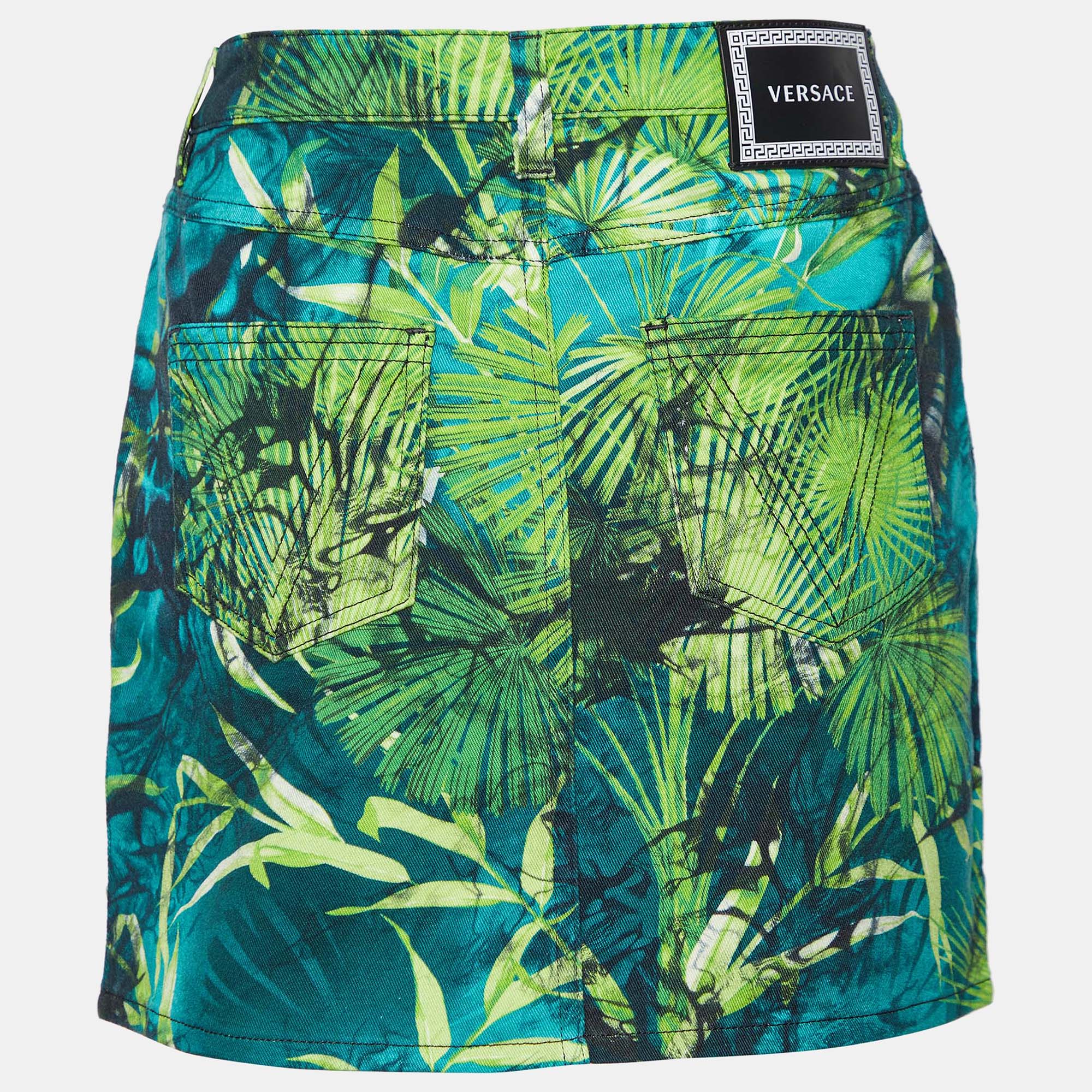 

Versace Green Jungle Print Denim Mini Skirt