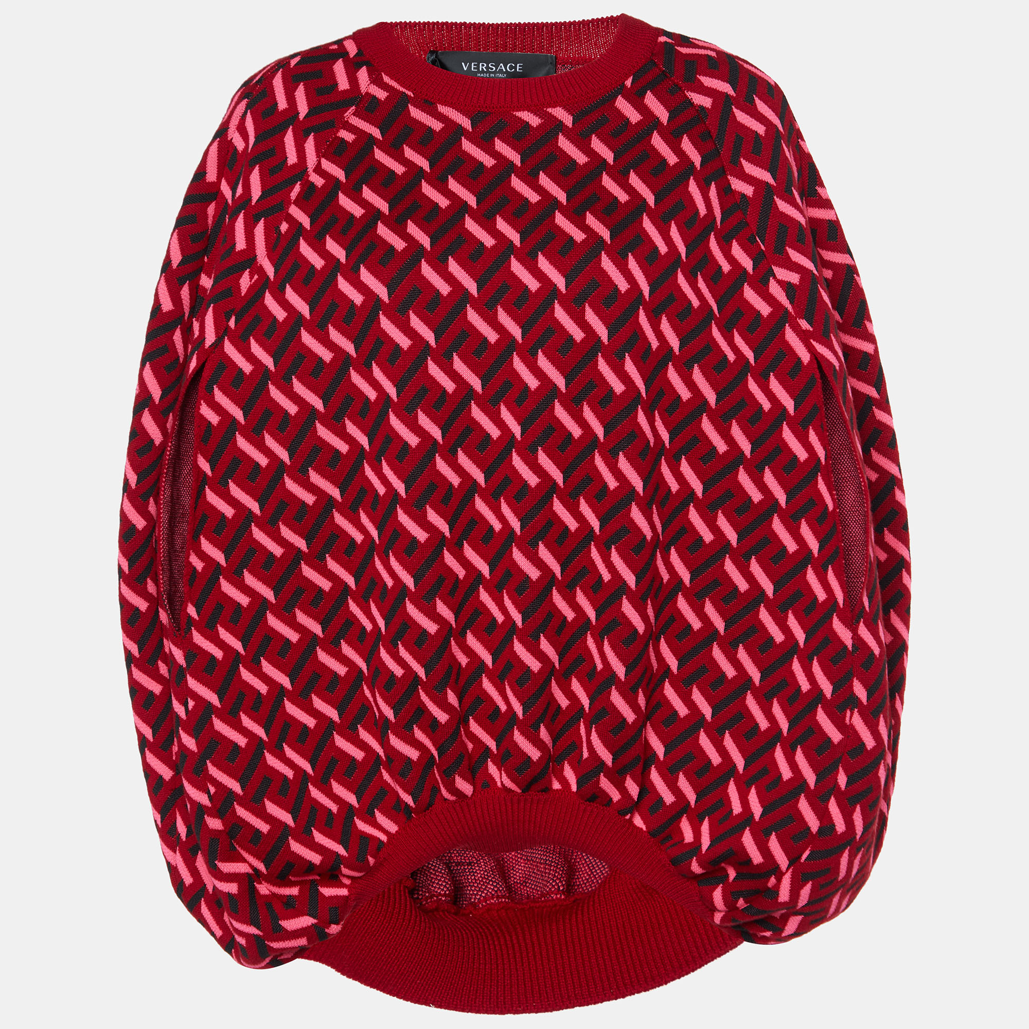 Pre-owned Versace Parade Red La Greca Jacquard Knit Cocoon Sweater M