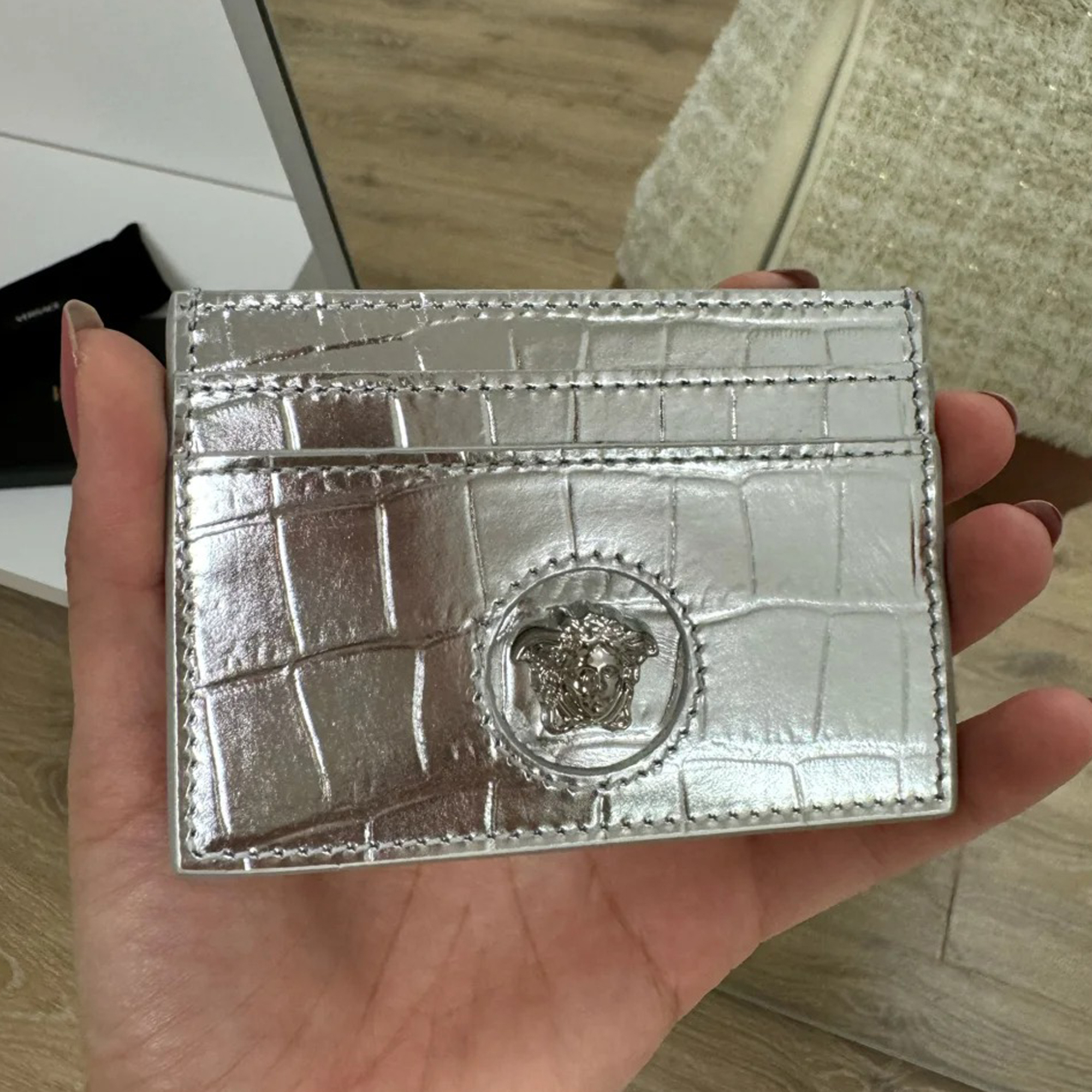 

Versace Silver Croc Embossed Medusa Card Holder
