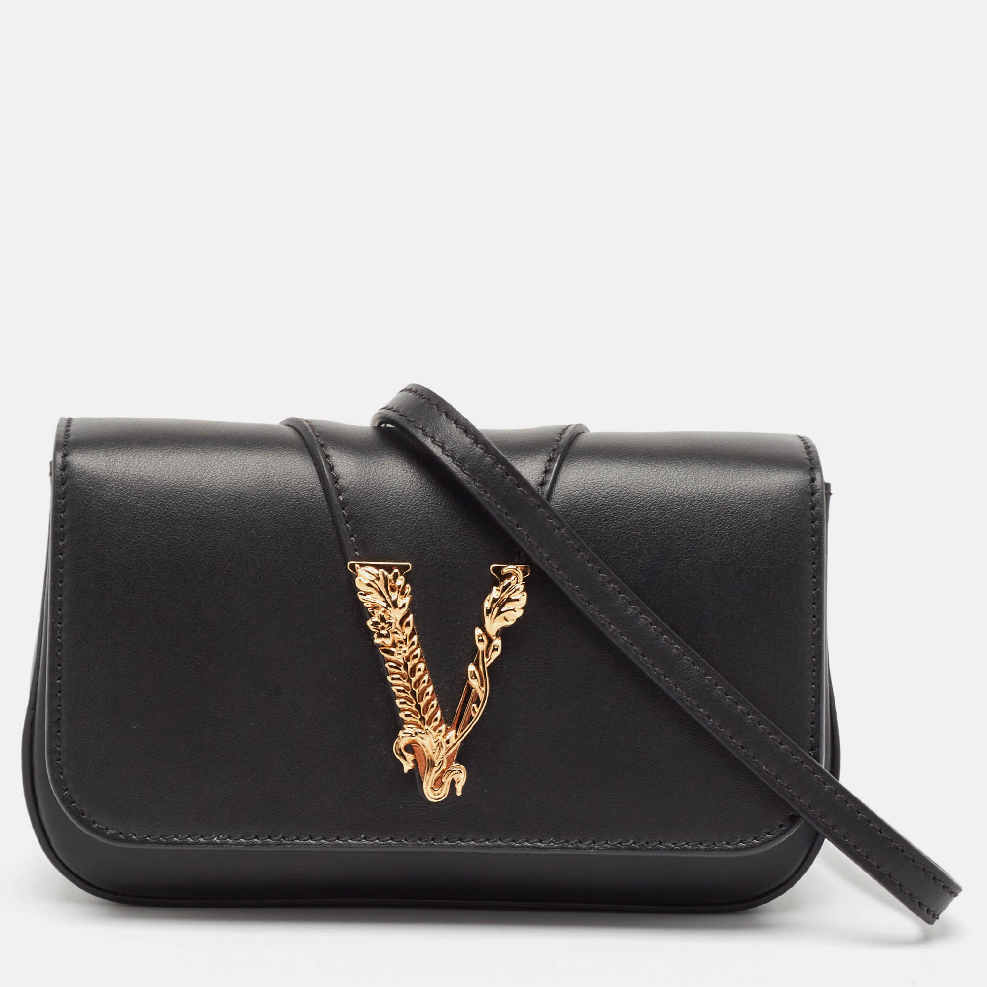 

Versace Black Leather Virtus Flap Saddle Bag