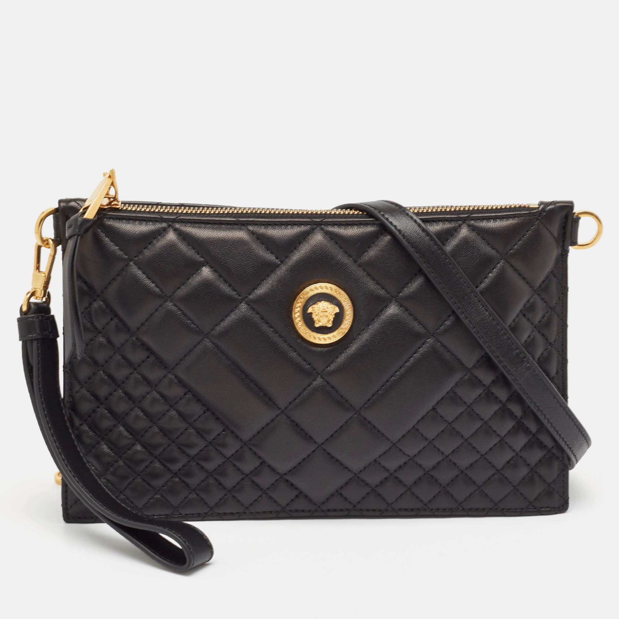 

Versace Black Leather Medusa Zip Wristlet Convertible Crossbody Bag