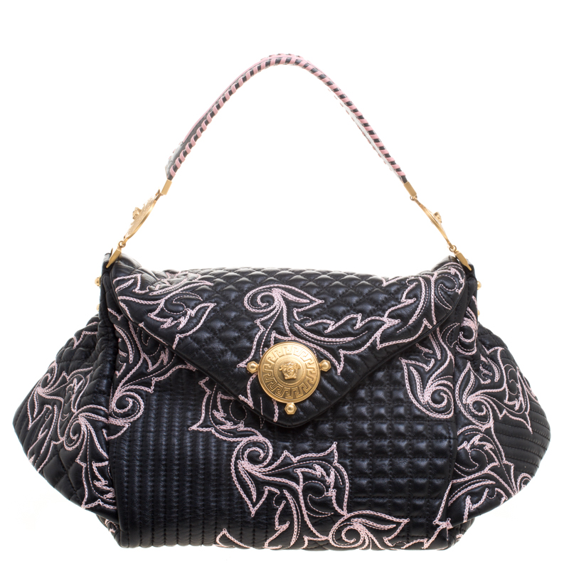 Versace Black/Pink Quilted Barocco Leather Top Handle Bag