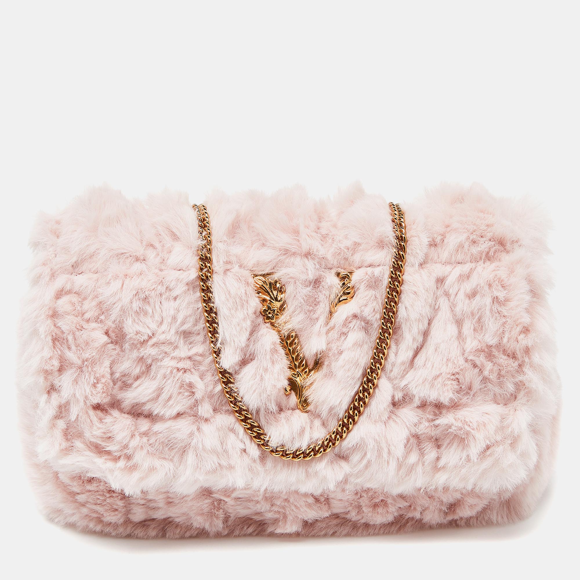 

Versace Pink Faux Fur Quilted Virtus Chain Shoulder Bag