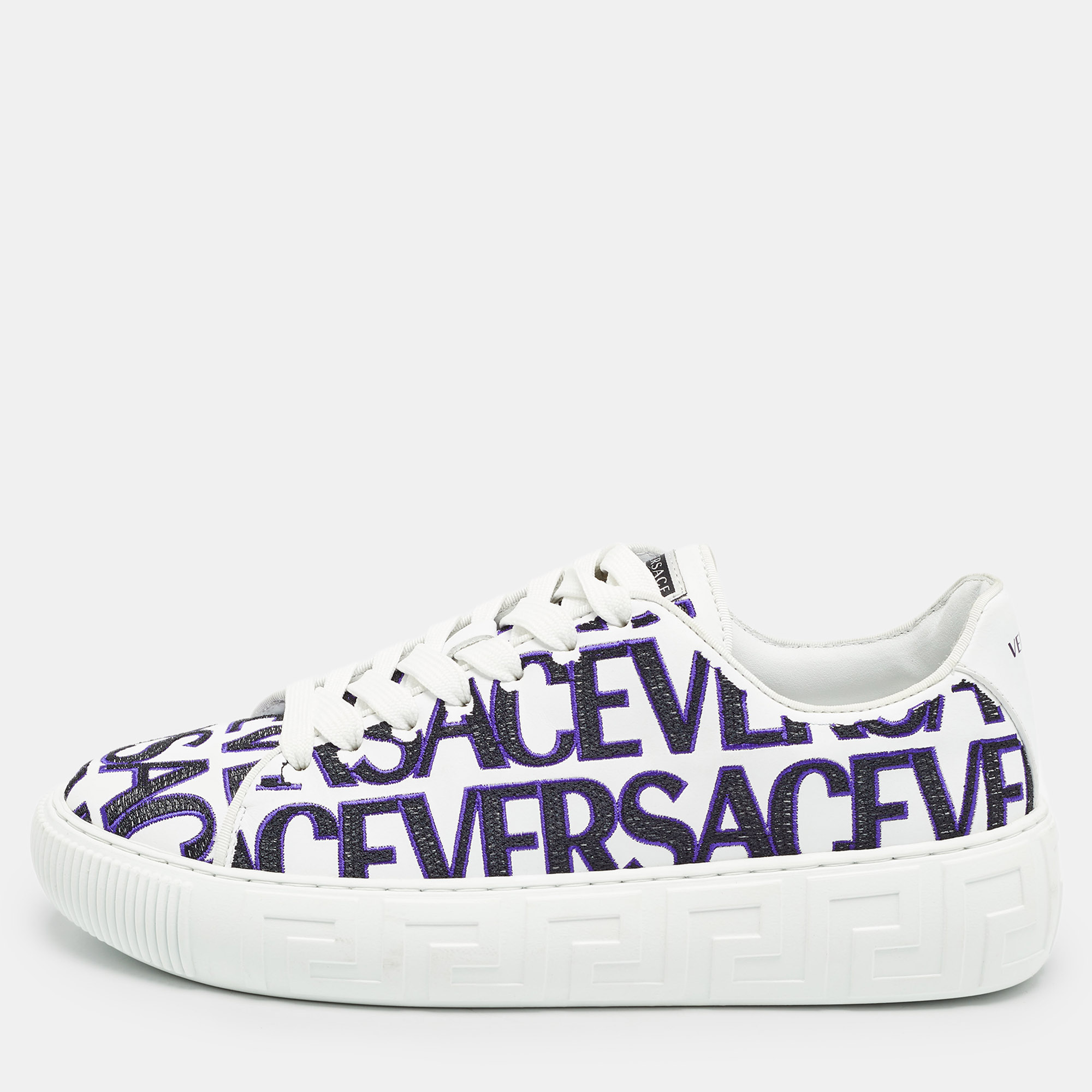 

Versace White/Black Leather Logo All Over Contrasting Lace Up Sneakers Size