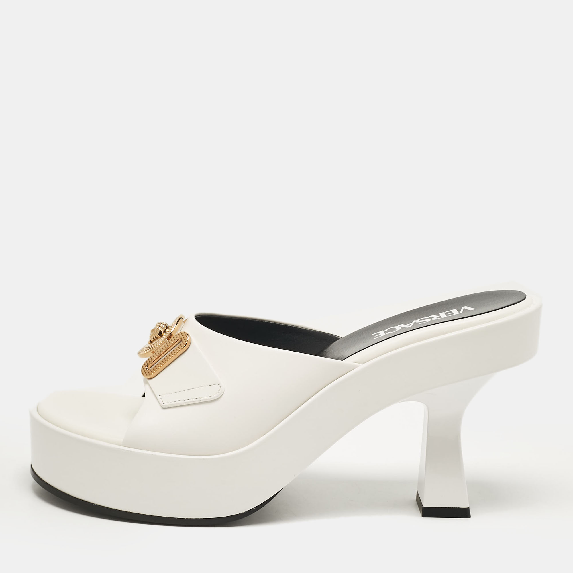 

Versace White Leather Medusa Biggie Mules Size