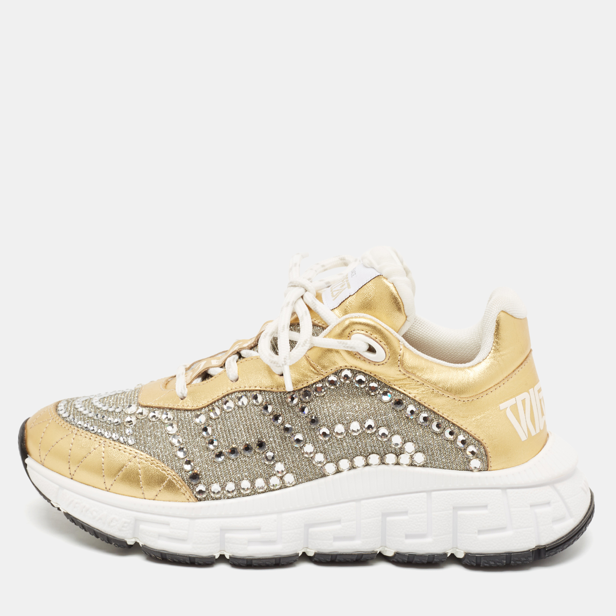 

Versace Gold/Silver Leather and Lurex Fabric Trigreca Sneakers Size