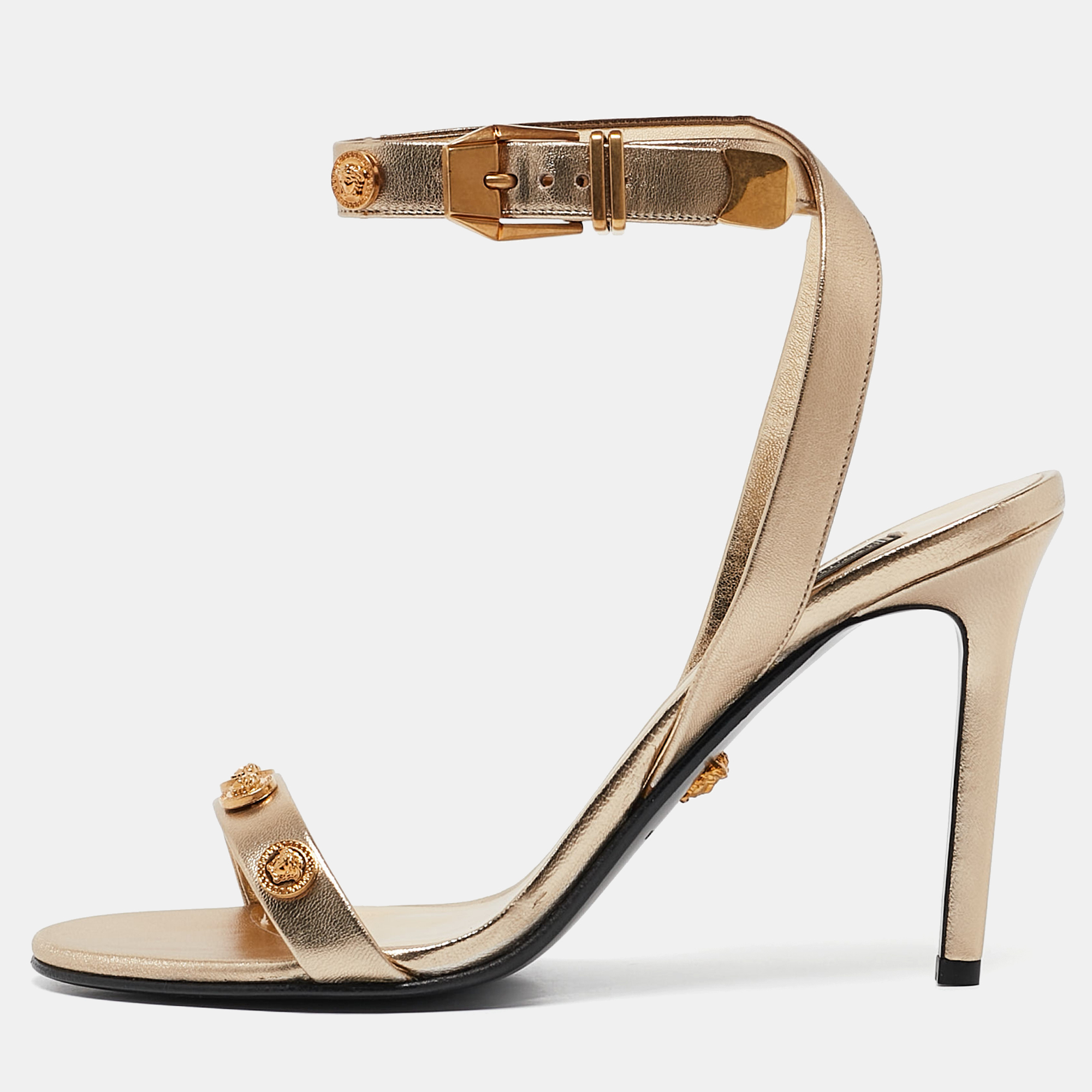 

Versace Gold Leather Medusa Studded Ankle Strap Sandals Size