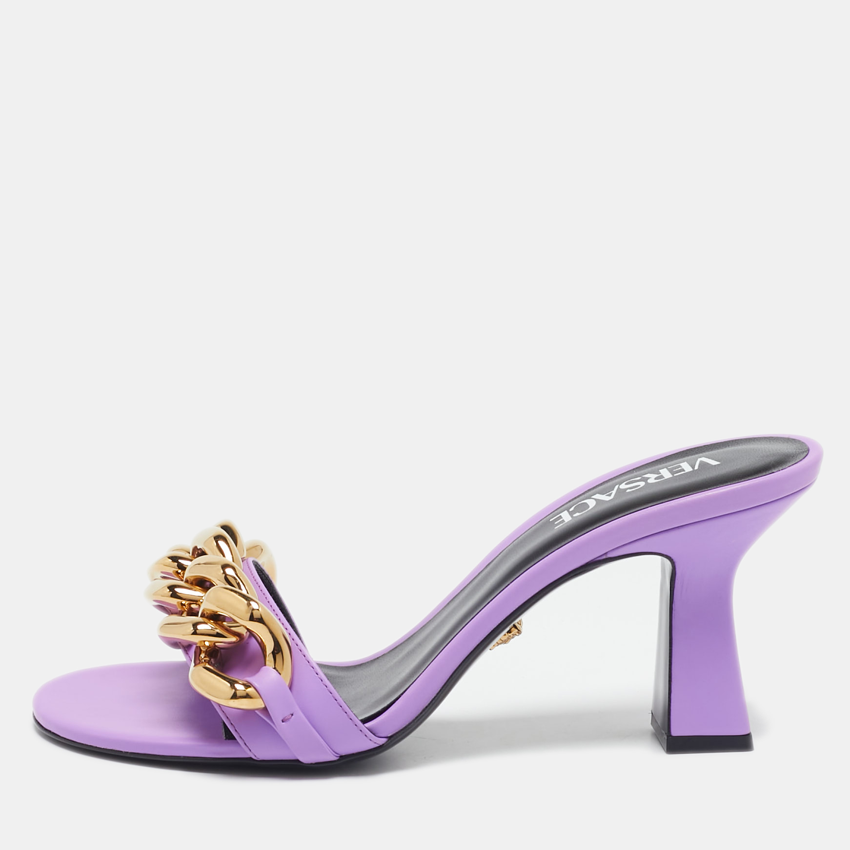 

Versace Purple Leather Medusa Chain Slide Sandals Size