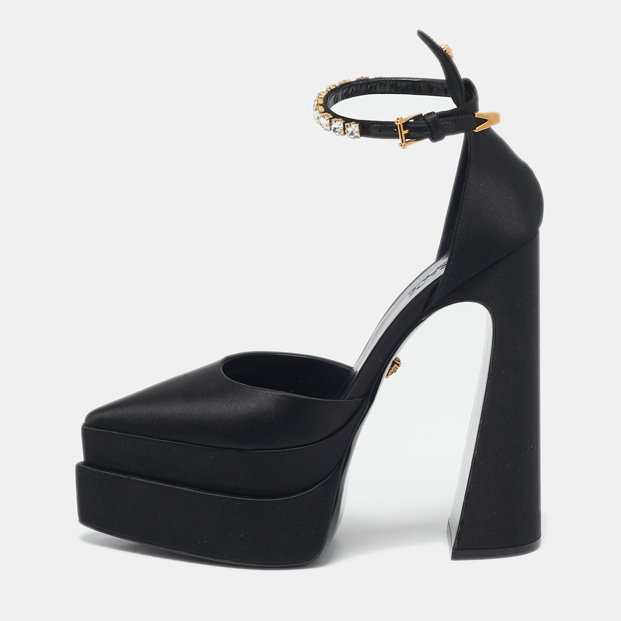 

Versace Black Satin Medusa Aevitas Double Platform Pumps Size