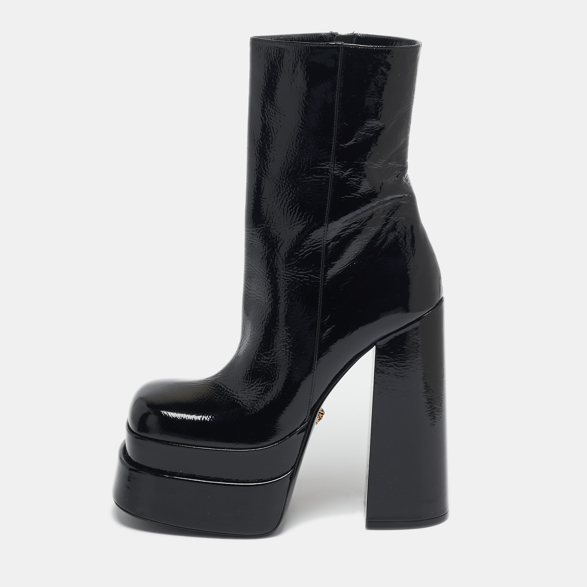 

Versace Black Patent Leather Aevitas Double Platform Boots Size