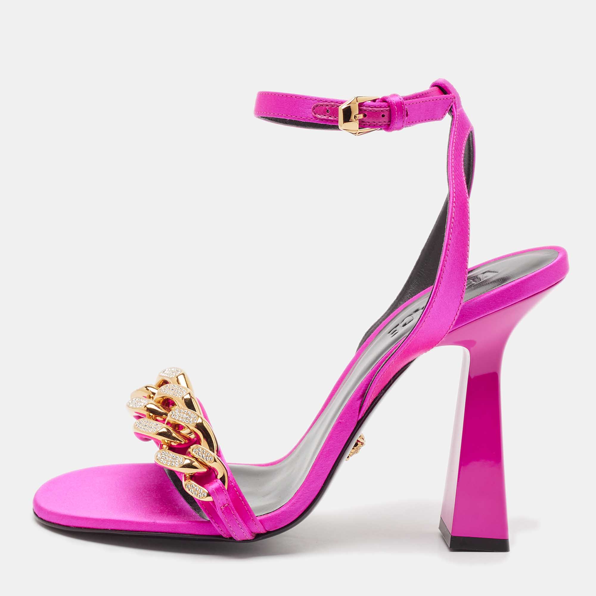 

Versace Pink Satin Medusa Chain Ankle Strap Sandals Size