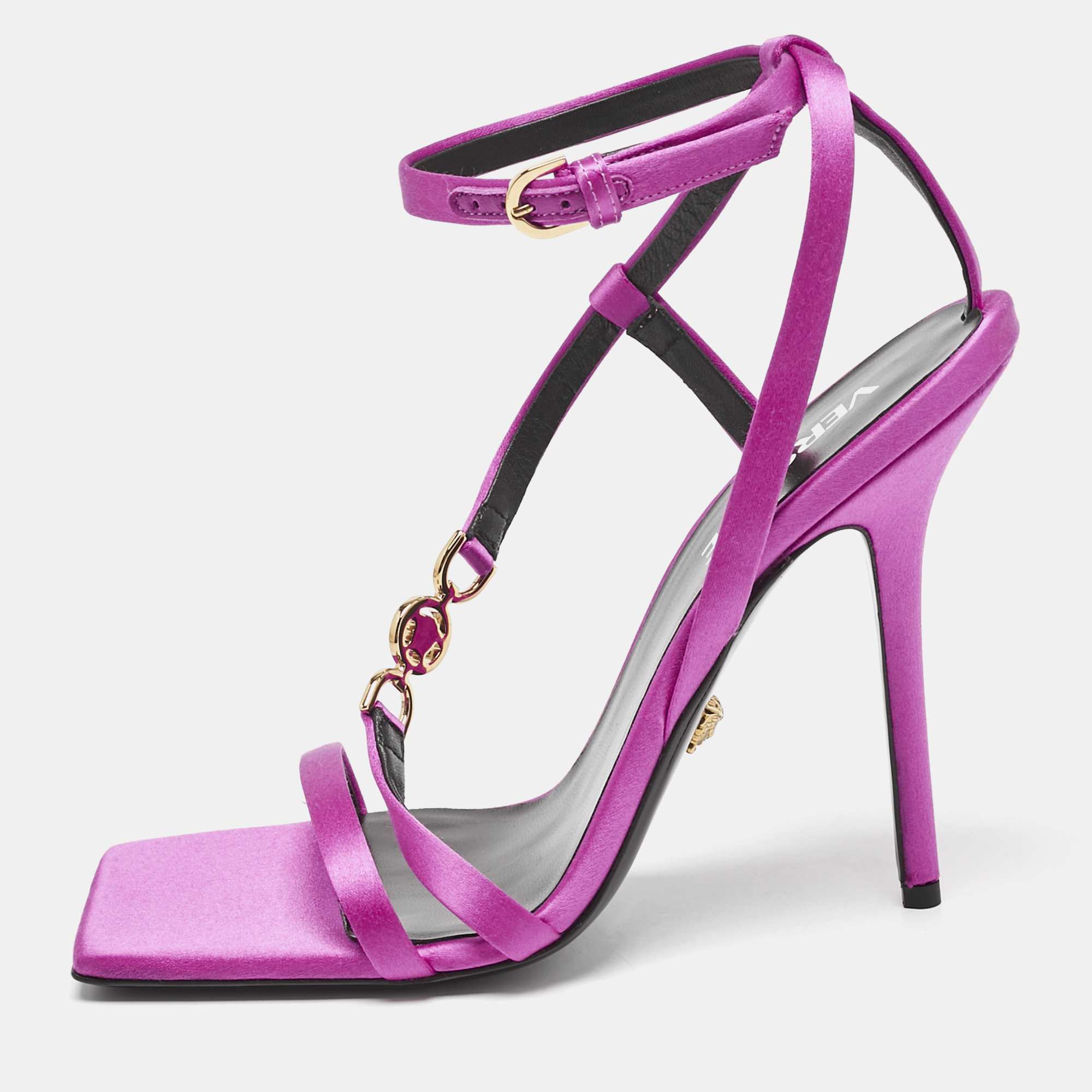 

Versace Pink Satin Crystal Embellished Ankle Strap Sandals Size