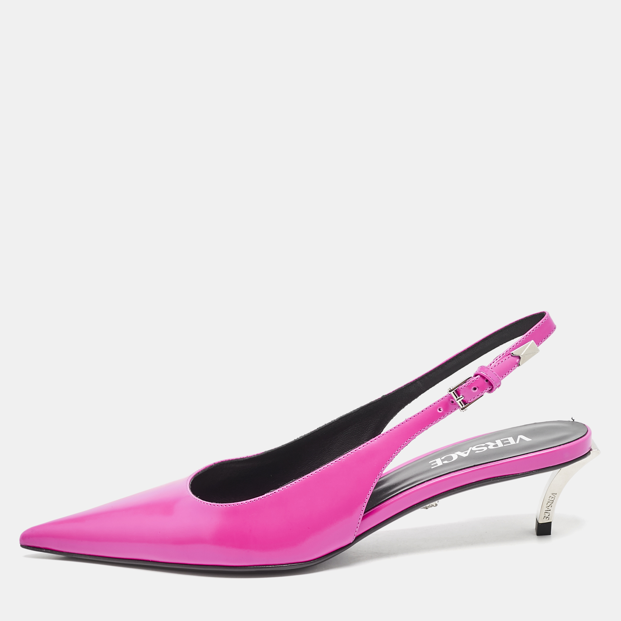 

Versace Pink Brushed Leather Pin-Point Slingback Pumps Size