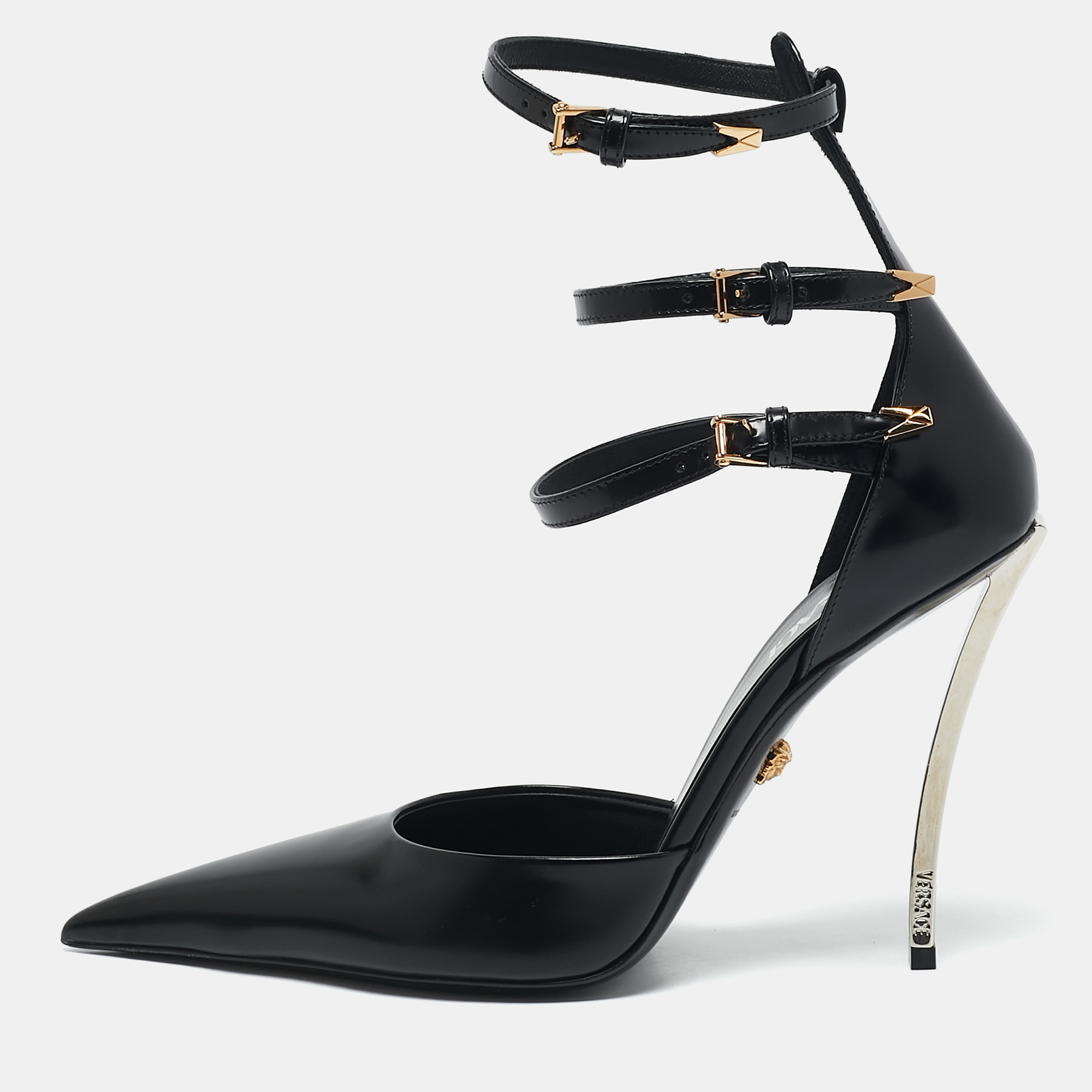 

Versace Black Brushed Leather Pin-Point Ankle Strap Pumps Size